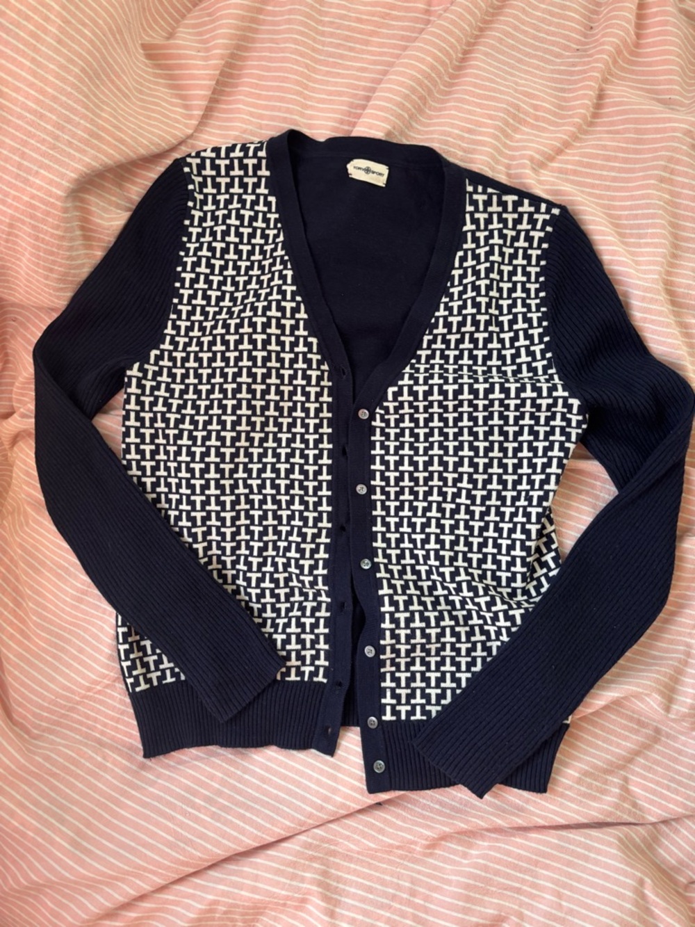 Tory Sport Navy and White Patterned V-Neck Cardigan
